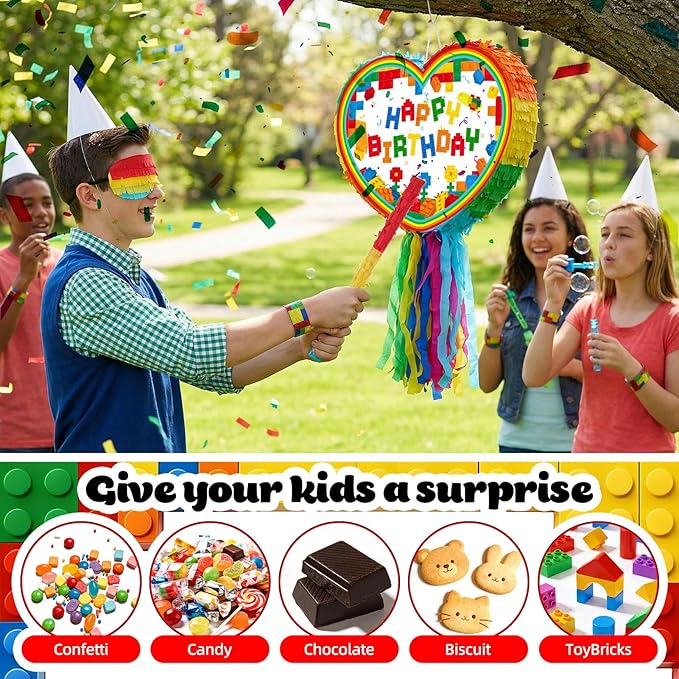 Birthday Building Block Piñata Set Heart Pull String Piñata Party Kit with Blindfold Hitting Stick Confetti Keychains Bubble Bottles Slap Bracelets Stickers for Carnival Party Favors