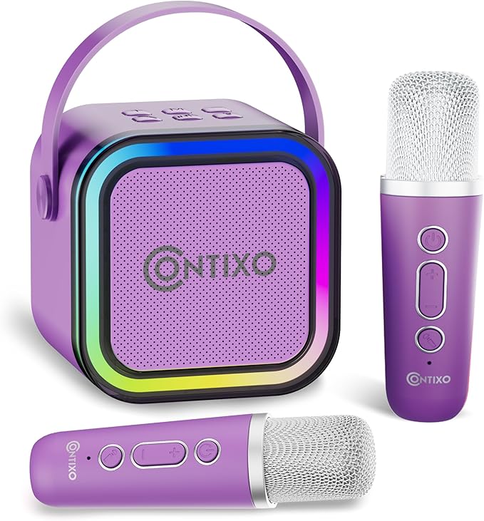 Contixo KS1 Mini Karaoke Machine for Kids, Portable Bluetooth Speaker with 2 Wireless Microphones & Dynamic Lights for Boys & Girls, Home Party Entertainment Toy (Purple)