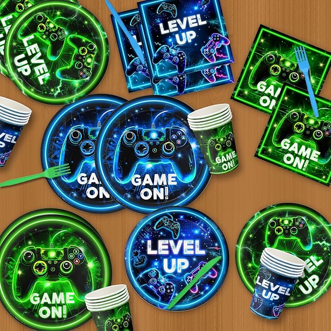 Video Game Birthday Decorations – Neon Game Tableware: Plates, Napkins, Cups, Cutlery, Cake & Cupcake Toppers, Banner, Hanging Swirls, Tablecloths, Balloons for Boy Gamer Birthday Party, Serves 24