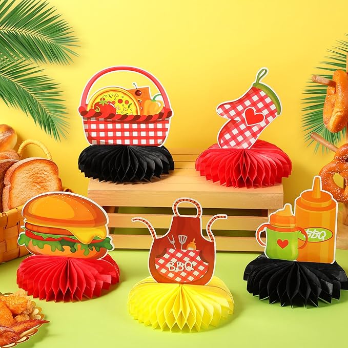 Cholemy 11 Pcs BBQ Party Decorations Honeycomb Centerpieces, Red Gingham Table Toppers for Summer Picnic, Baby Q Shower, Backyard Barbecue Birthday, Carnival Cookout Theme Supplies & Favors