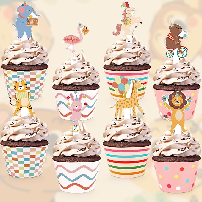 48 Pack Circus Animal Cupcake Toppers and Wrappers, Carnival Party Cake Decoration for Animal Theme Birthday Party Baby Shower Supplies