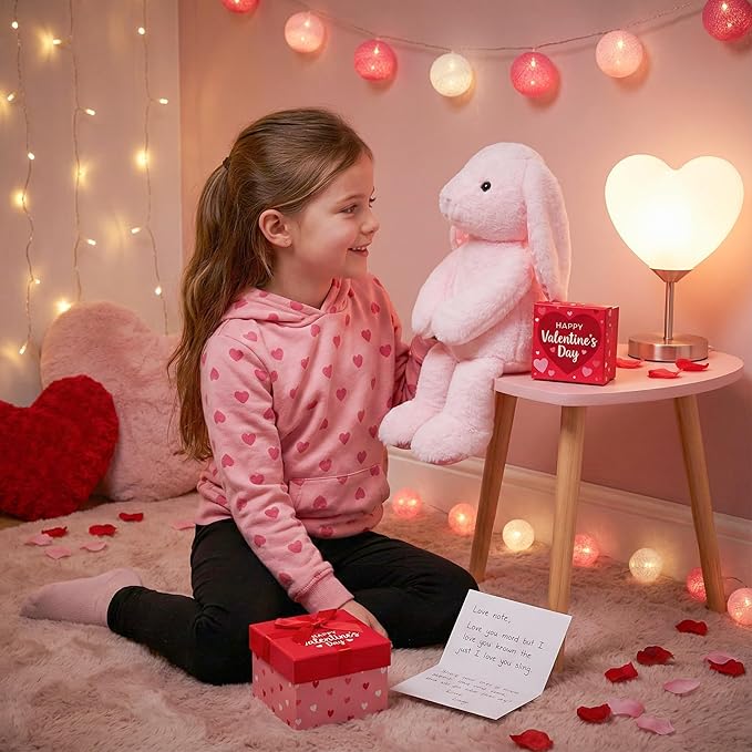 Pink Rabbit Bunny Stuffed Animal Plush Toys with Floppy Ears & Heart Print for Lover, Kids, Boys, Girls, Babies - Perfect Birthday Nursery Décor Easter Christmas Bedtime Gift