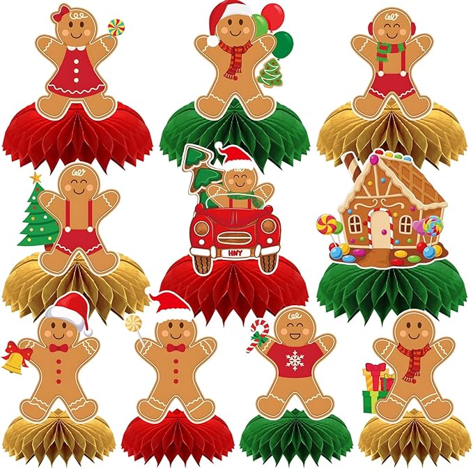 10 Pcs Christmas Honeycomb Centerpieces Gingerbread Christmas Table Centerpiece Gingerbread Decorations for Winter Holiday Merry Xams Party Favor Supplies