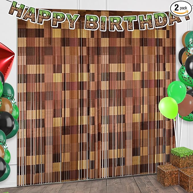 2 Pack Brown Foil Fringe Curtains Birthday Decorations Pixel Tinsel Backdrop, 3.2x6.6ft Video Game Door Streamers Gamer Birthday Party Decorations Supplies Favors