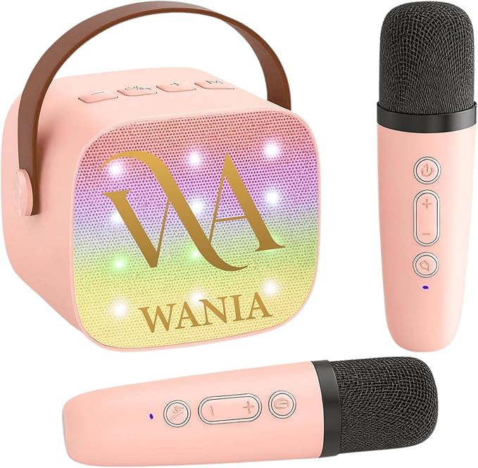 WANIA Mini Karaoke Machine for Kids and Adults - Portable Bluetooth Speaker with 2 Wireless Microphones, Rechargeable Music Player with LED Lights, Voice Effects, Gift for Ages 3, 4, 5-12+