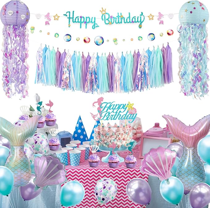 Mermaid Birthday Party Decorations Supplies Banner Tassel Garland Bubble Garland Hanging Jelly Fish Paper Lanterns Balloons Cake Topper Mermaid Happy Birthday Decorations for Women