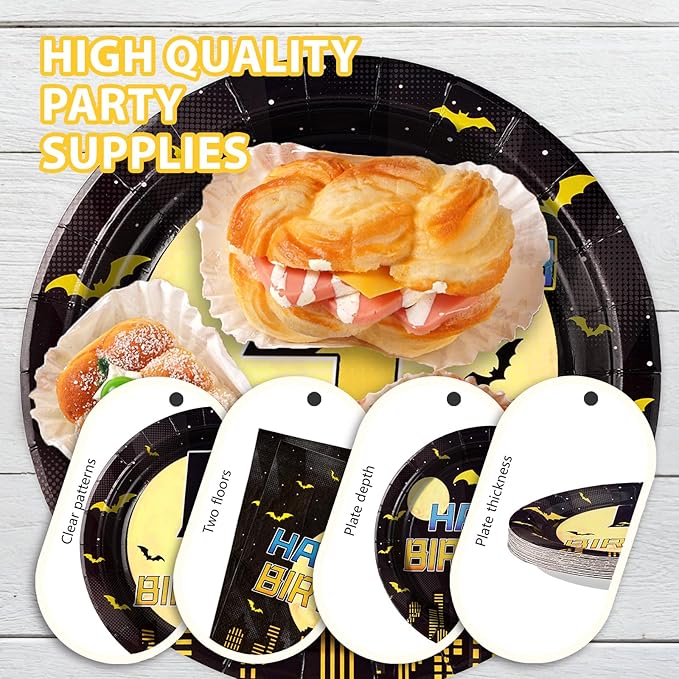 96Pcs Bat 4th Birthday Party Decorations Black Yellow Cartoon Bat Hero Paper Plates and Napkins Set Bats Fourth Birthday Decoration for Boys 4 Years Old Super Theme Hero Bats Party Supplies Serves 24