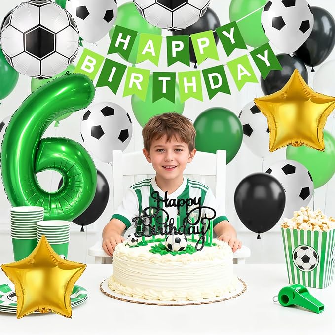 Soccer Birthday Party Decorations for Boys, 6th Soccer Party Decoration with Green Black White Balloons 'HAPPY BIRTHDAY' Banner Cake Toppers 32in Foil 6 Balloon for Boys Men Birthday Decor