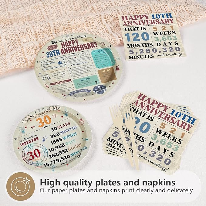 96Pcs 30th Anniversary Party Decorations Retro 30 Years Wedding Aday Plates and Napkins Happy 30th Anniversary Disposable Tableware Set for Vintage 30 Year Wedding Party Supplies Serves 24