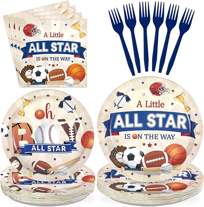 96Pcs Sports Baby Shower Party Supplies A Little All Star is On His Way Plates and Napkins Basketball Football Baseball Soccer Tableware Set for Boy Baby Shower Sports Supplies, Serves 24
