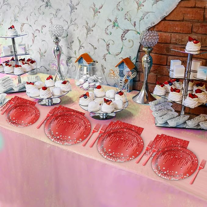ZOIIWA 96 Pieces Red Birthday Tableware Set for Red Theme Silver Table Decorations Disposable Dessert Plates Napkins Forks for Women 24 Guests Diamonds Glitter Valentine's Day Birthday Party Supplies