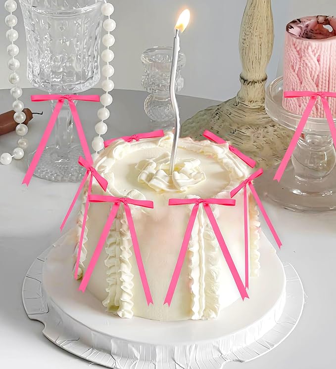 12 PCS Pink Bow Cake Topper Coquette Ribbons Bows Cake Decorations Pink Bowknot Birthday Cake Toppers Baby Bridal Shower Wedding Party Supplies