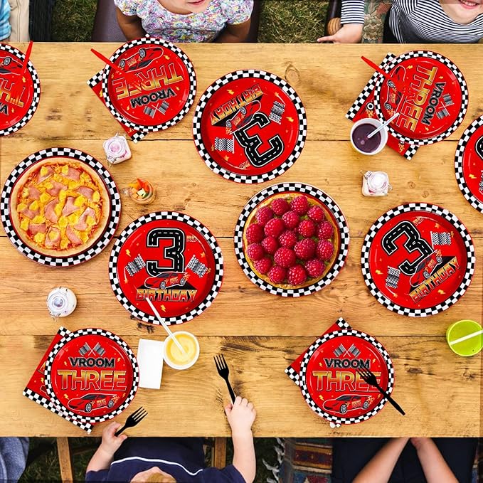 Grencian 96Pcs Red Race Car 3rd Birthday Party Decorations Supplies Hot Car Plates and Napkins Racing Themed Disposable Tableware Set for 3 years old Boys Transportation Birthday Party Serve 24