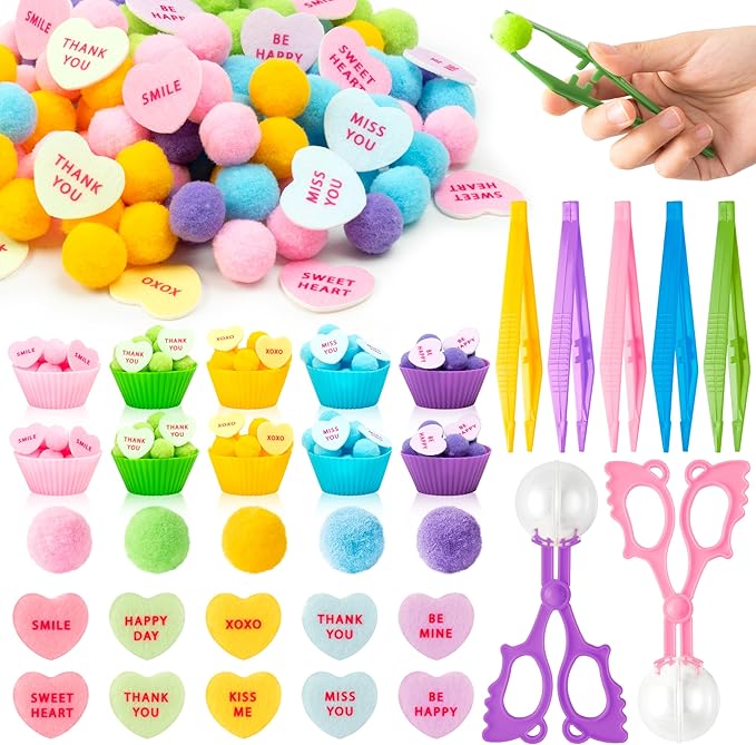 EZdhuawuse Spring Sensory Bin Fillers - 268P Fine Motor Toy Counting Sorting Set for Kid Birthday Easter Gift, Felt Phrases Heart Colorful Pom Poms Cup Clip for Preschool Education Activities