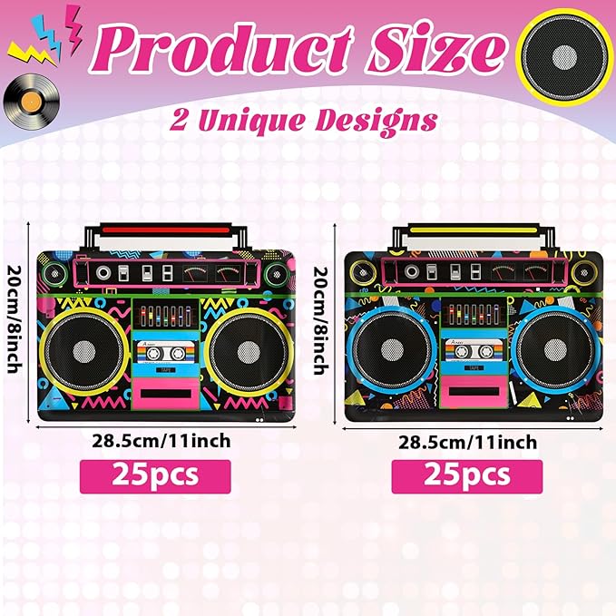 50Pcs Radio Boombox Shaped Plates 80s 90s Party Decorations Music Theme Birthday Decorations Retro Radio Boombox Paper Dinner Plates Hip Hop Party Tableware for Disco Retro Hip Hop Theme Birthday