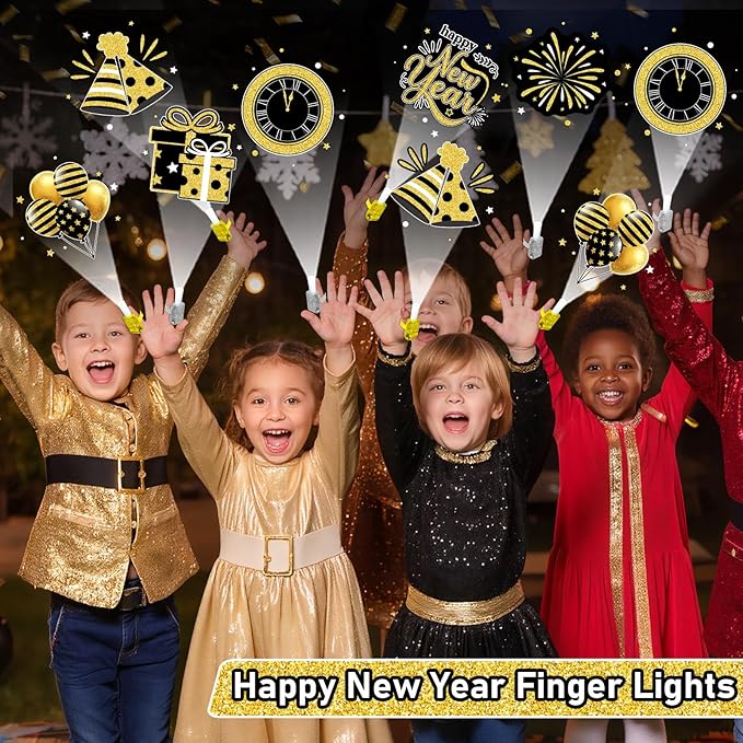 36PCS Happy New Year Finger Lights Happy New Year Eve Party Favors Glow in the Dark Light Up Finger Lights Black Gold Toys Bulk for Kids Birthday Party Goodie Bag Stuffer Birthday Gift Classroom Prize