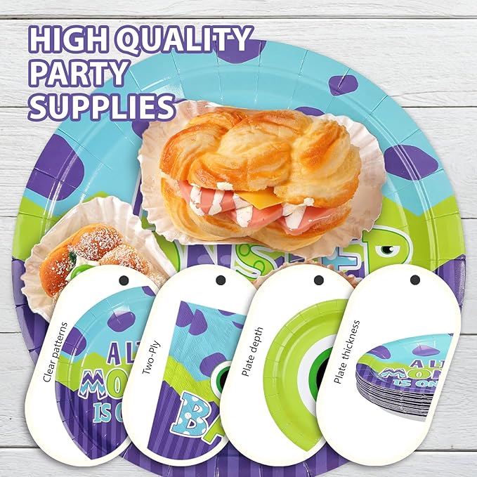 96Pcs Monster Baby Shower Party Supplies Monster Theme Party Plates and Napkins Disposable Green and Purple Cartoon Tableware Set for Kids Birthday Baby Shower Decorations Serves 24