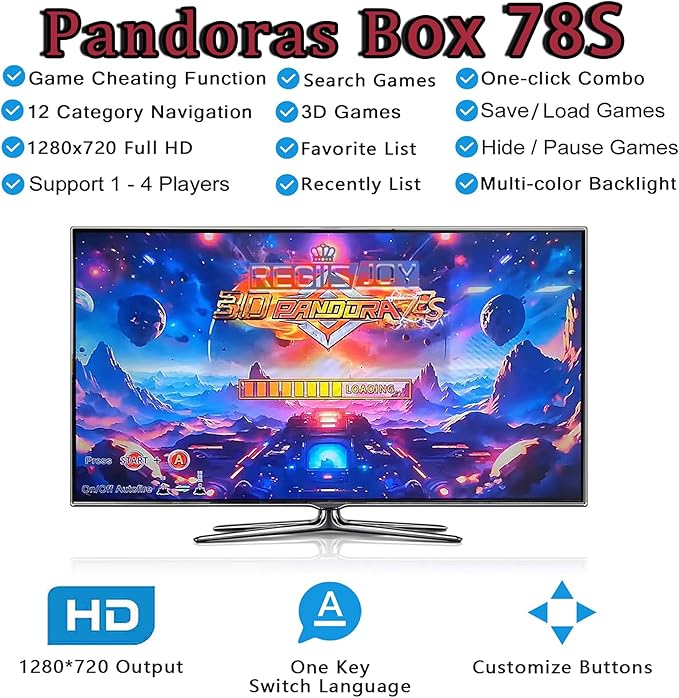 RegiisJoy 32000 Pandoras Box 78S Retro Arcade Game Console, 4 Player 3D Magical Modified Game, Search Save Delete Cheat Function, Favorite List, One-Button Combo, 128G TF, 12-Grid Classification
