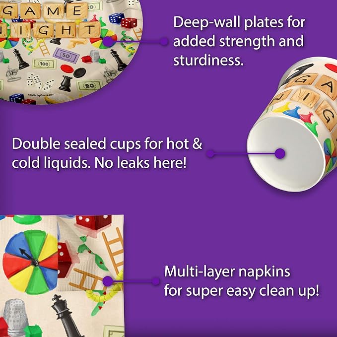 Birthday Galore Game Night Themed Party Supplies for Kids and Adults - A Celebration Set with Plates, Napkins, Cups, Tableware, Quick Setup, Colorful Decorations for Every Birthday Events - Kit for 16