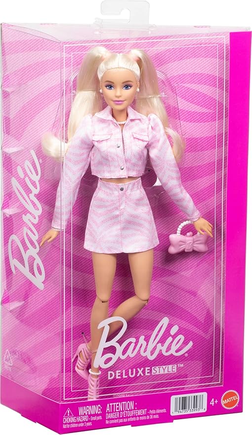 Barbie Deluxe Style Doll #9 in Pink Denim Outfit, Blonde Hair, Matching Jacket and Skirt Set with Accessories Like Bow Clutch and Pearly Jewelry