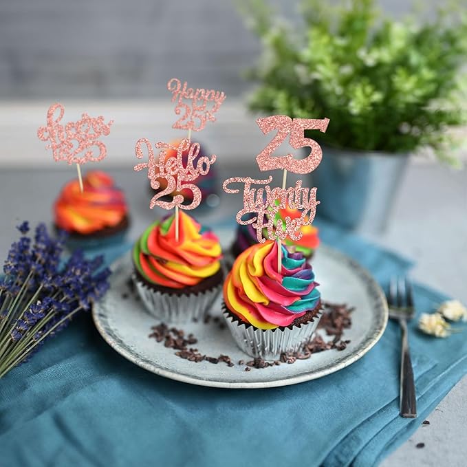 30pcs 25th Birthday Cupcake Toppers - 25th Anniversary Cake Decorations - Rose Gold Glitter