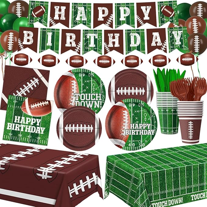Football Birthday Party Decorations Includes Plates, Napkins, Cups, Banner, Balloons, Touchdown Tablecloth for Football Birthday & Tailgate Party Decorations, Serves 24