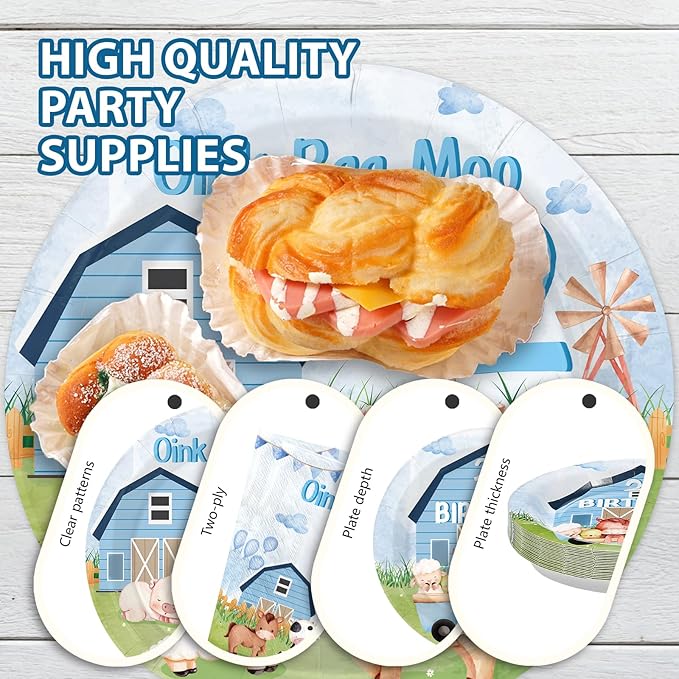 96Pcs Oink Baa Moo Im Two Party Supplies Farm Animal 2nd Birthday Plates and Napkins Farm House Animal Barnyard Theme Tableware Set for Boy Girl 2 Year Old Birthday Party Supplies，Serves 24