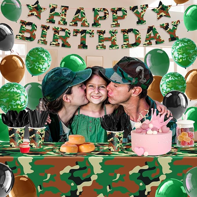 206pcs Camo Party Decorations Paper Plates Napkins Camouflage Tableware Set Disposable Cups Forks Knives Spoons with Camo Tablecloth Banner for Boy Camouflage Hunting Military Birthday Party Supplies