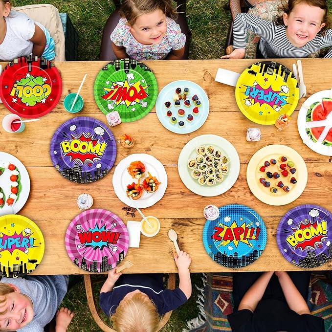 CHUNNIN 60 Pcs Super Theme Hero Party Plates for Birthday Party Decorations 9in Super Theme Hero Paper Plates Disposable Colorful Paper Plate for Kids Home Birthday Event Supplies