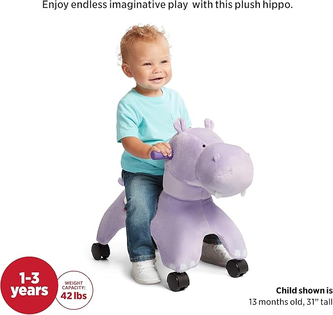 Radio Flyer Holly The Rolling Hippo Ride On, Ages 1-3, EZ-Glide 360-degree Wheels, Easy Grip Handles, Soft Plush Face, Ideal for Active and Imaginative Play, Toddler Ride On Toys