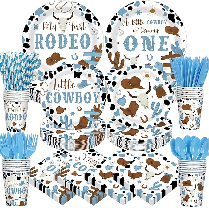 450 Pcs My First Rodeo Birthday Tableware Set Decorations Western Cowboy 1st Rodeo Paper Plates Disposable Napkins Cups Cutlery Straws for Boy Baby Shower Party Supplies, Serves 50