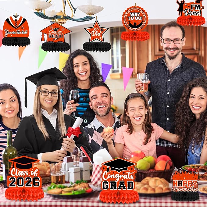 8 Pieces Class of 2026 Graduation Table Decorations - 2026 Congrats Grad Honeycomb Centerpieces, Graduation Table Toppers Decor for 2026 Graduation Party Decorations Favor Supplies, Orange