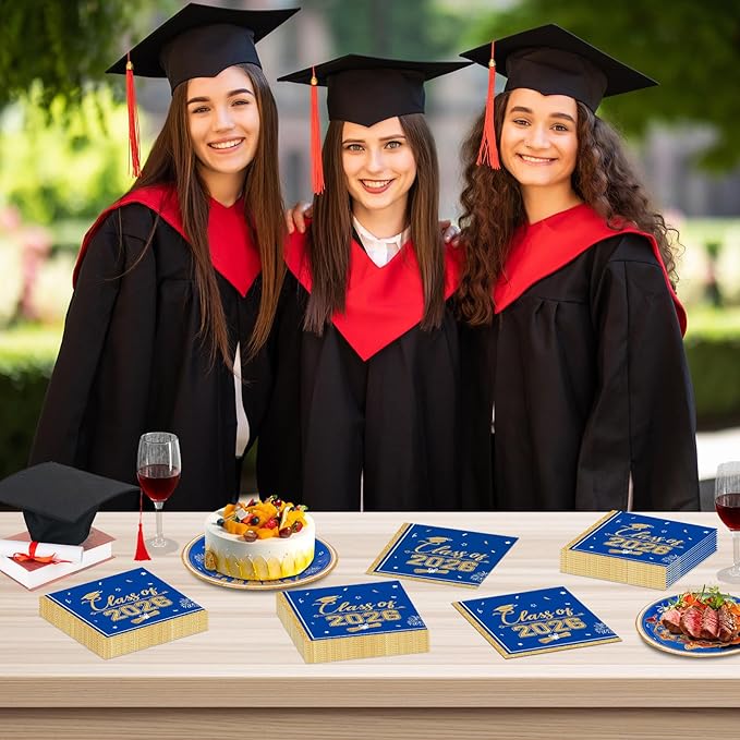 50 Pcs Graduation Napkins Class of 2026 - Blue Gold Congrats Grad Napkins Set, 3-Ply Disposable Graduation Luncheon Dinner Party Paper Napkins for Graduations Party Supplies Table Decoration
