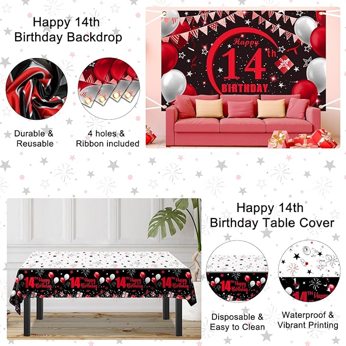 14th Birthday Decorations for Boys Girls, Red Black Happy 14 Birthday Party Decorations, 14th Birthday Backdrop Banner Tablecloth Triangle Flag Balloons, 14 Year Old Boy Bday Party Supplies Decor