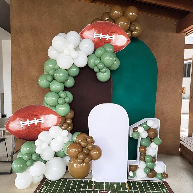 Football Balloons, 12 Inch Sage Green White Brown Football Printed with Football Foil Balloon For Boys Game Sports Birthday Party Football Themed Decorations