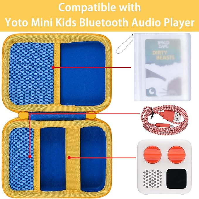 co2CREA Hard Case Compatible with Yoto Mini 2024 Edition Kids Audio Music Player Children Speaker Plays Audiobook Cards Radio and Card Holder Hold up to Yoto 36 Cards, Blue Case + Yellow Zipper