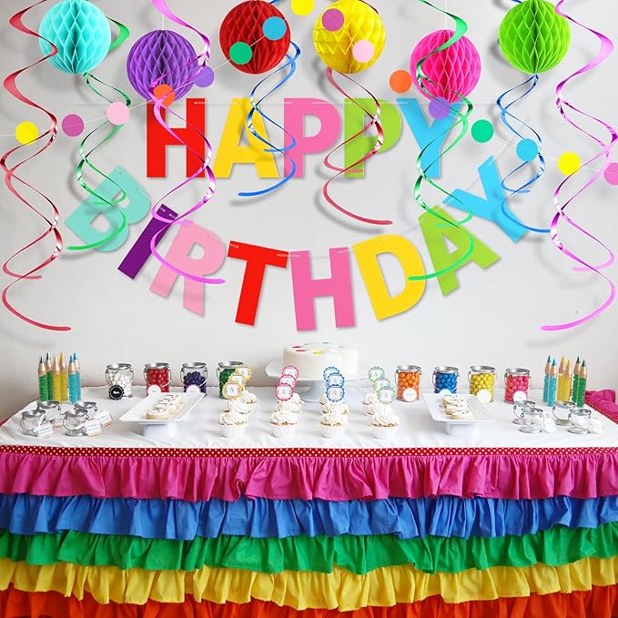 Colorful Birthday Decorations Kit - 16-Piece Set with Pre-Strung Happy Birthday Banner, Honeycomb Balls, Garland & Swirls | Rainbow Theme Party Supplies for Women Men Kids, Teens Adults