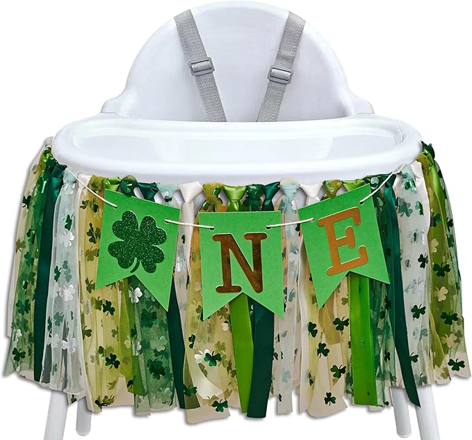 St. Patrick's Day High Chair Banner - Lucky One Birthday Party Supplies,Glitter Luck Shamrock Decorations,Four Leaf Clover First Birthday ONE Tutu Highchair Banner (lucky green)