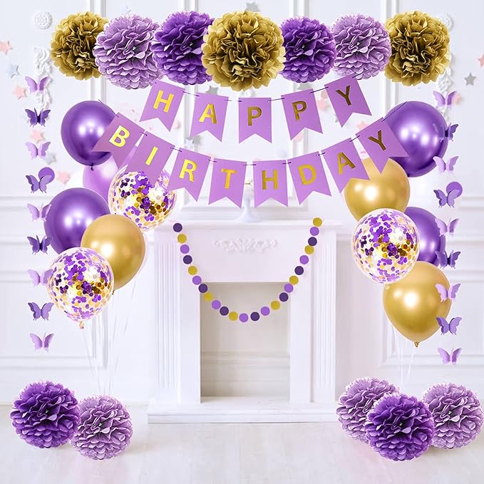 Ouddy Party Purple Birthday Decorations for Women Girls Butterfly Hanging Garland Happy Birthday and Circle Dots Banner Purple Gold Balloons Paper Flowers Cake Toppers for Party Decor Supplies