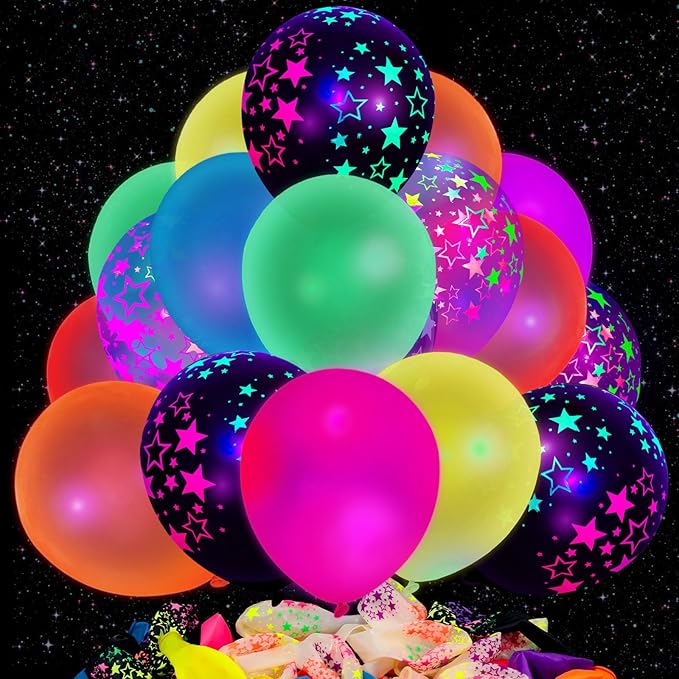 LovesTown 66PCS UV Neon Glow Party Set, 12" Fluorescent Glow Latex Decorations with Stars for Birthday, Wedding & Party Supplies