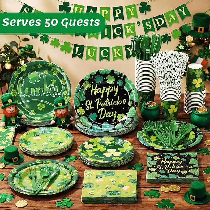 450 Pcs Happy St. Patrick's Day Tableware Set Decorations, Lucky Green Shamrock Paper Plates Clover Napkins Cups Cutlery Straws for Irish Festival St. Patrick's Day Party Supplies, Serves 50
