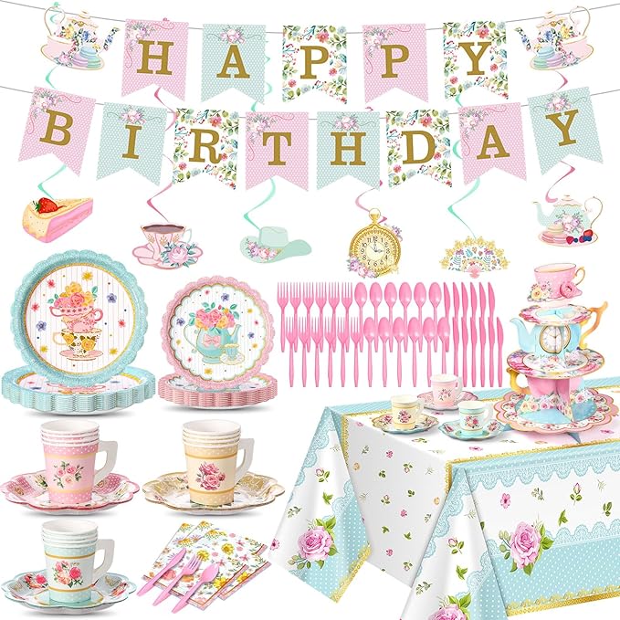 106 Pcs Tea Party Supplies for 12 Guests Include Plates Tea Cups Saucers Napkins Cupcake Stand Tablecloth Banners Floral Tea Party Tableware Set for Girls Birthday Baby Shower Party Favors