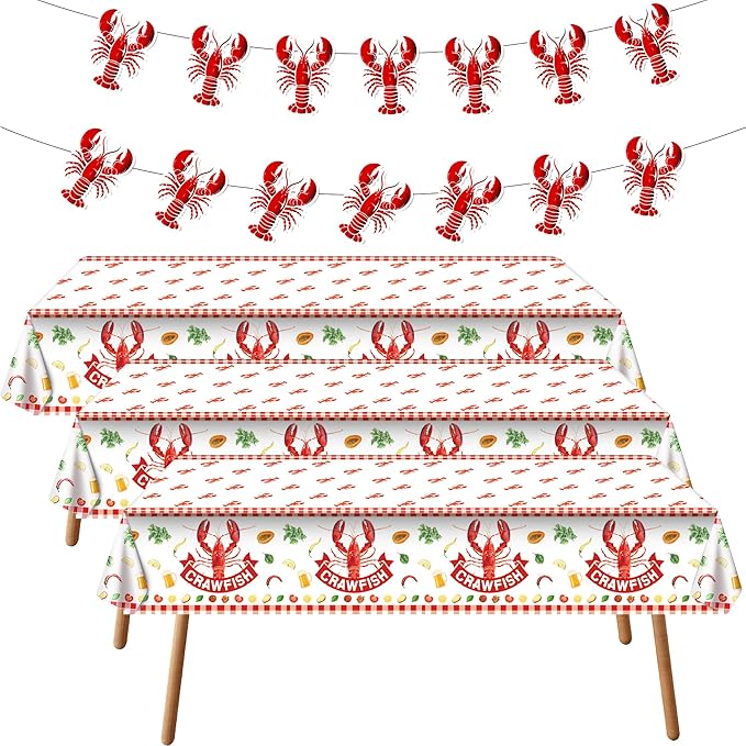 Iceyyyy 4 Pcs Crawfish Party Decorations Set-108"x54" White and Red Tablecloth & 32.8Ft Lobster Banner-Crawfish Boil Party Supplies for Birthday Party Lobster Festival Summer Barbecue Decor Supplies