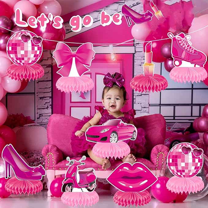 Pink Girls Birthday Decorations Hot Pink Princess party Honeycomb Centerpieces Disco Bachelorette Birthday Party Decoration for Girls Doll Theme Party Bridal Shower Wedding Baby Shower