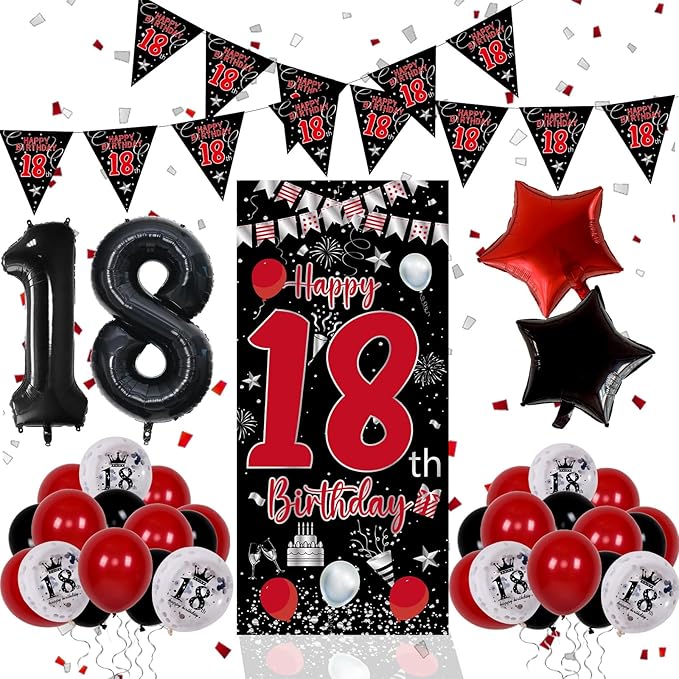 18th Birthday Decorations for Boys and Girls, Red Black Happy 18th Birthday Decorations for Men, Boy 18 Bday Party Door Banner Sign, Triangle Flag, Large 18 Balloons Decor for 18 Years Old