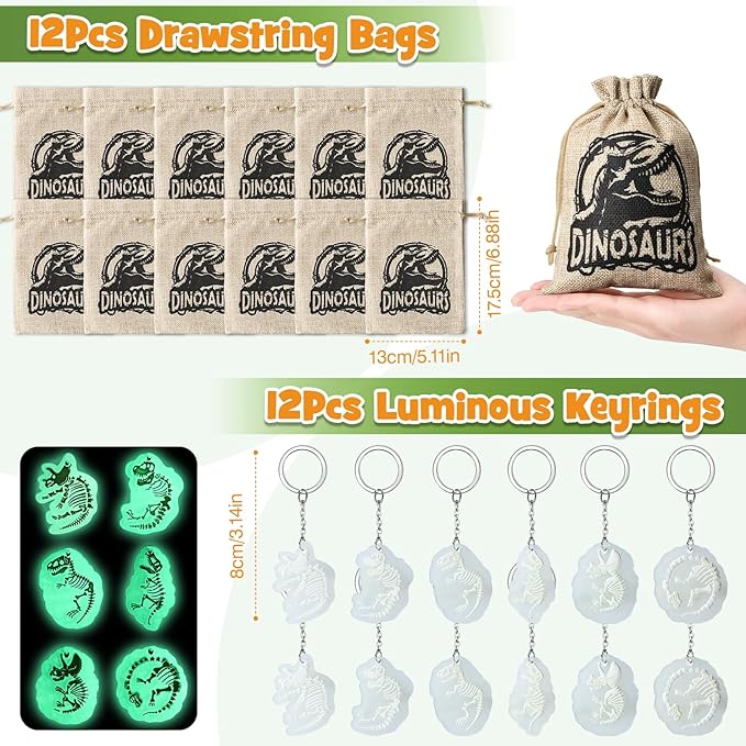 12 Sets Dinosaur Party Favors for Kids Birthday, Magnifying Glasses Luminous Keyring Dino Egg Sticker Dino Party Supplies with Skeleton Toy Silicone Bracelet Gift Bag Dino Theme Stuffer Fillers
