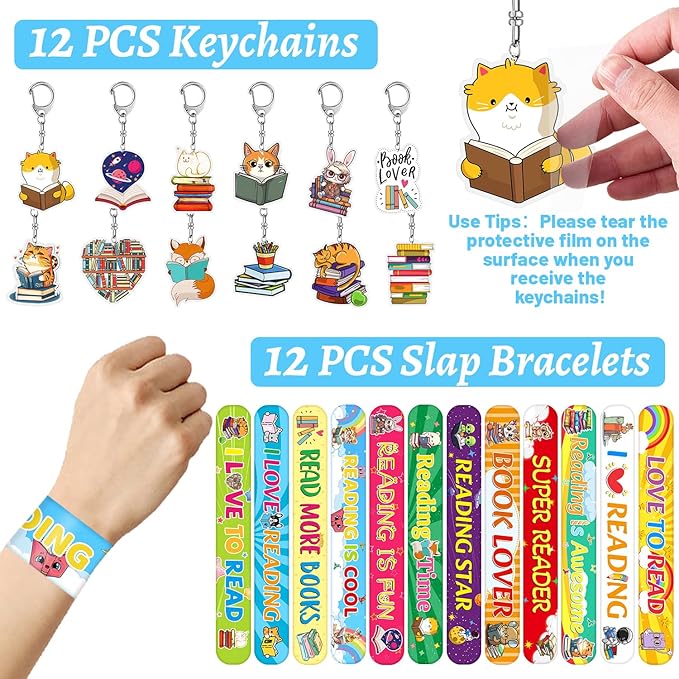 98 PCS Reading Book Party Favors, Reading Book Temporary Tattoos Slap Bracelets Stickers Badges Keychains for Reading Book Birthday Party Decorations Supplies for Book Lovers