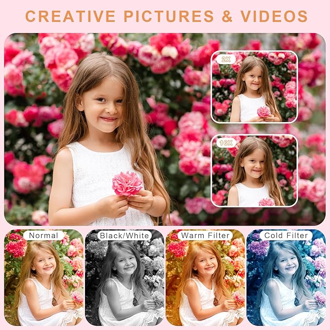 aycy Point and Shoot Digital Camera for Kids, UHD 4K 48MP with 64GB SD Card and 16X Digital Zoom Anti Shake, Compact Portable Small Gift for Students, Ivory White