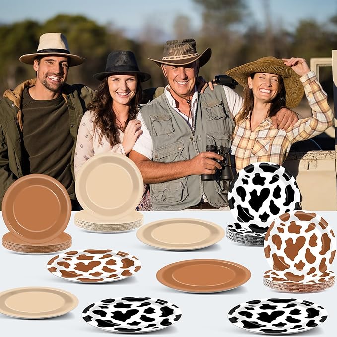 CHUNNIN 48Pcs Western Cowboy Party Paper Plates 7” Cow Print Party Supplies Brown Cowgirl Disposable Dessert Dinner Plates for Western Theme Farm Animal Birthday Baby Shower Farmhouse Party Decoration