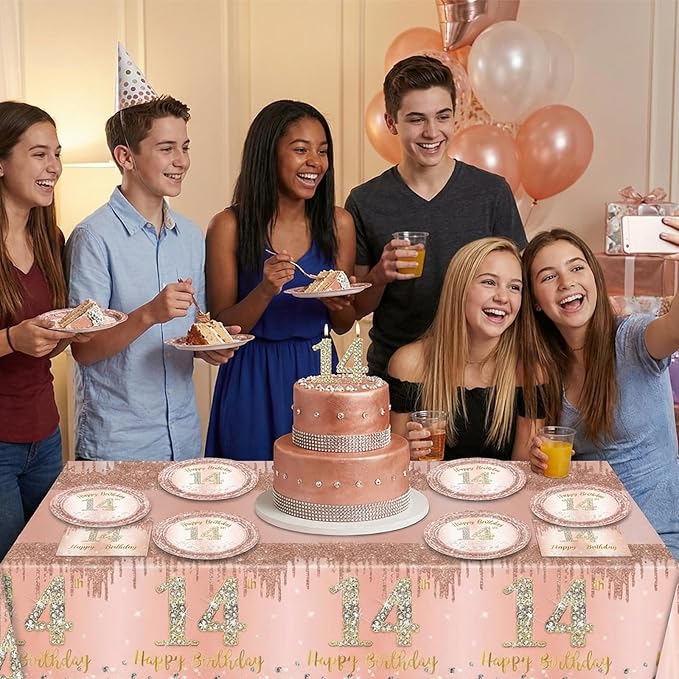 41Pcs 14th Birthday Decorations for Girls,Sweet Rose Gold 14th Birthday Plates and Napkins,Tablecloth Happy 14 Years Birthday Party Tableware Set for 14 Year Old Girls Teenager Party Favor Supplies